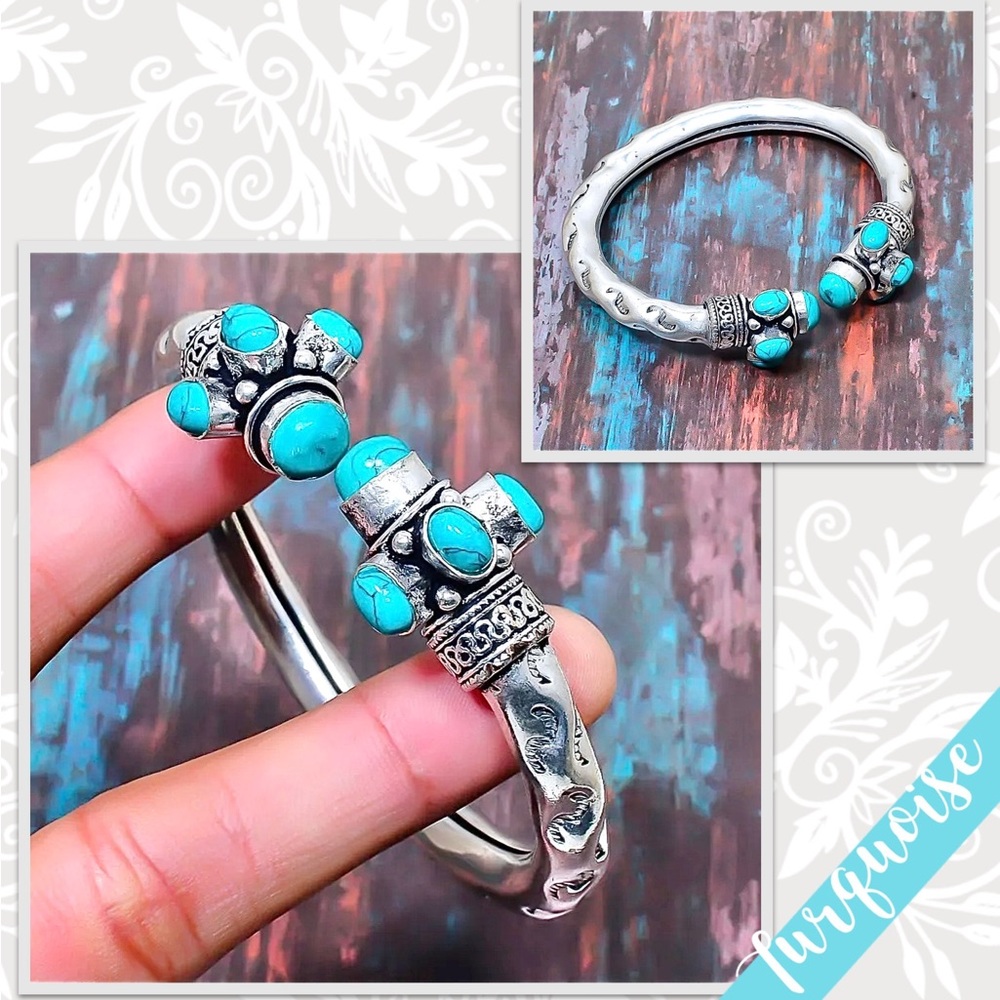 Turquoise Eclectic Silver Artisan Cuff Bangle Bracelet (Turquoise Blue)